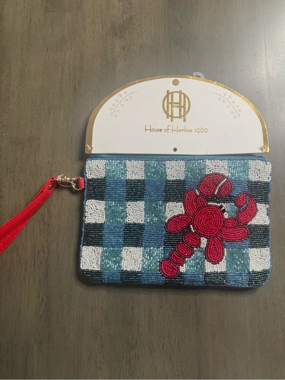 NWT House of Harlow 1960 Beaded Lobster Plaid Wristlet Clutch